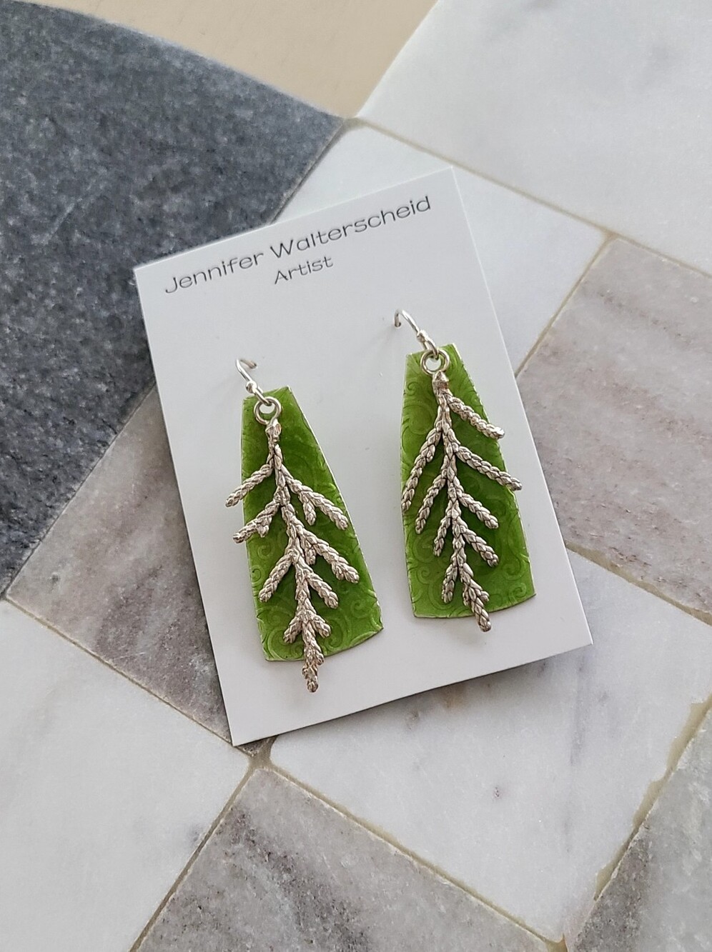 NWT Kansas Artist Jennifer Walterscheid Green Leaf Earrings